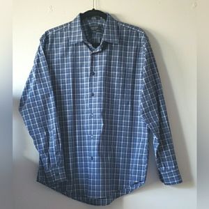 Nordstrom Casual Plaid Check Shirt‎ Blue & White Trim Fit 16" Neck 2-3" S…